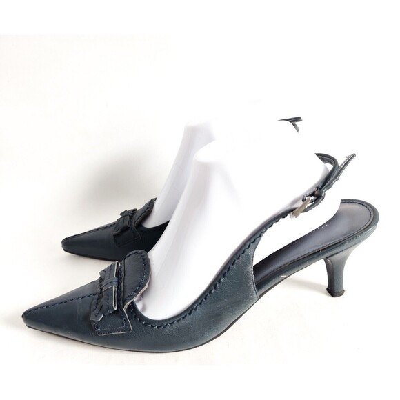 Vintage Y2K 90s Karen Scott Navy Blue Leather Slingback Pointy Toe Kitten Heel 9 - Picture 3 of 10